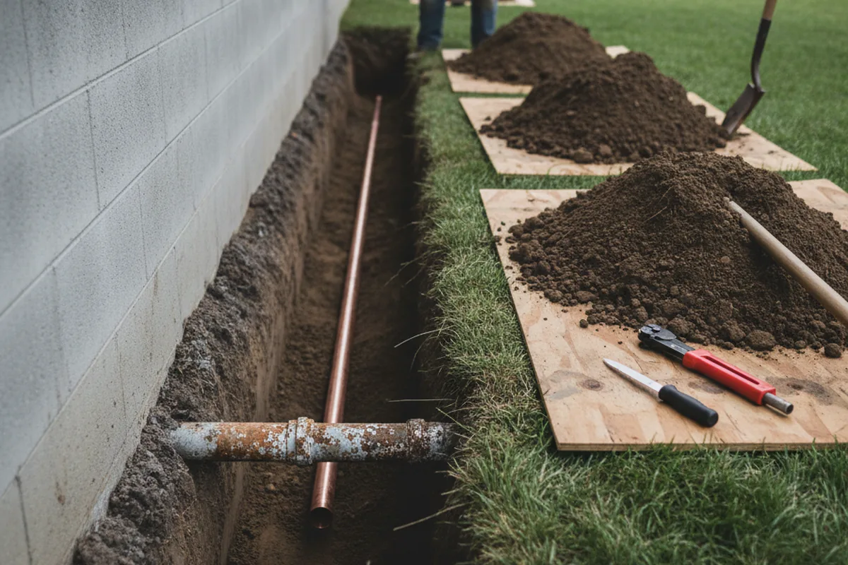 Excavated water line trench during Sewer Line Repair in Perryville